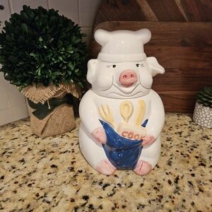 Vintage Ceramic Chef Pig Cookie Jar Cookbook & Utensils H-10.5" He's Perfect!